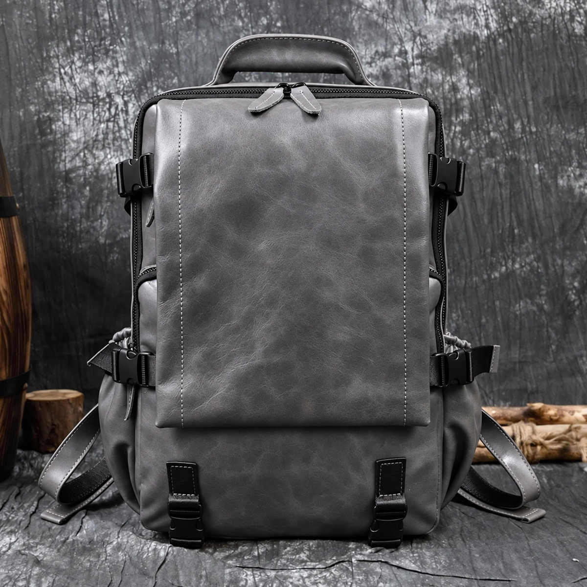 Sac à dos vintage gris aspect cuir – multi-poches