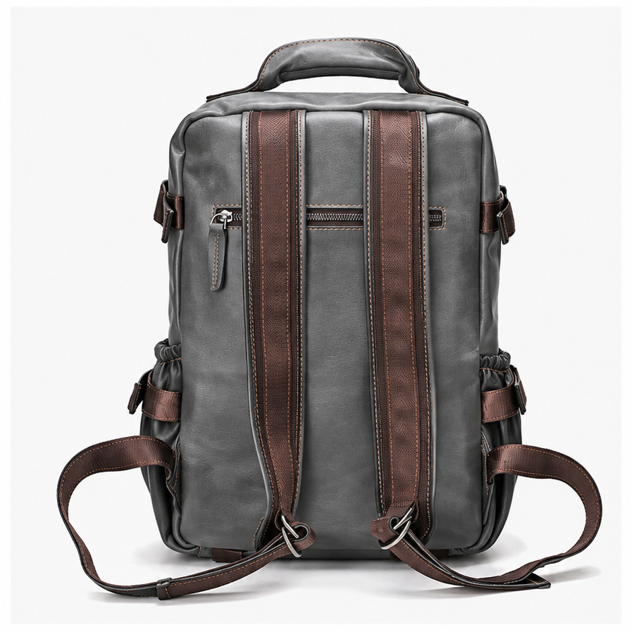 Sac à dos vintage gris aspect cuir – multi-poches
