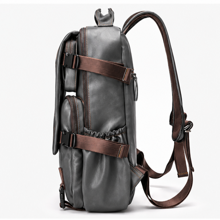 Sac à dos vintage gris aspect cuir – multi-poches