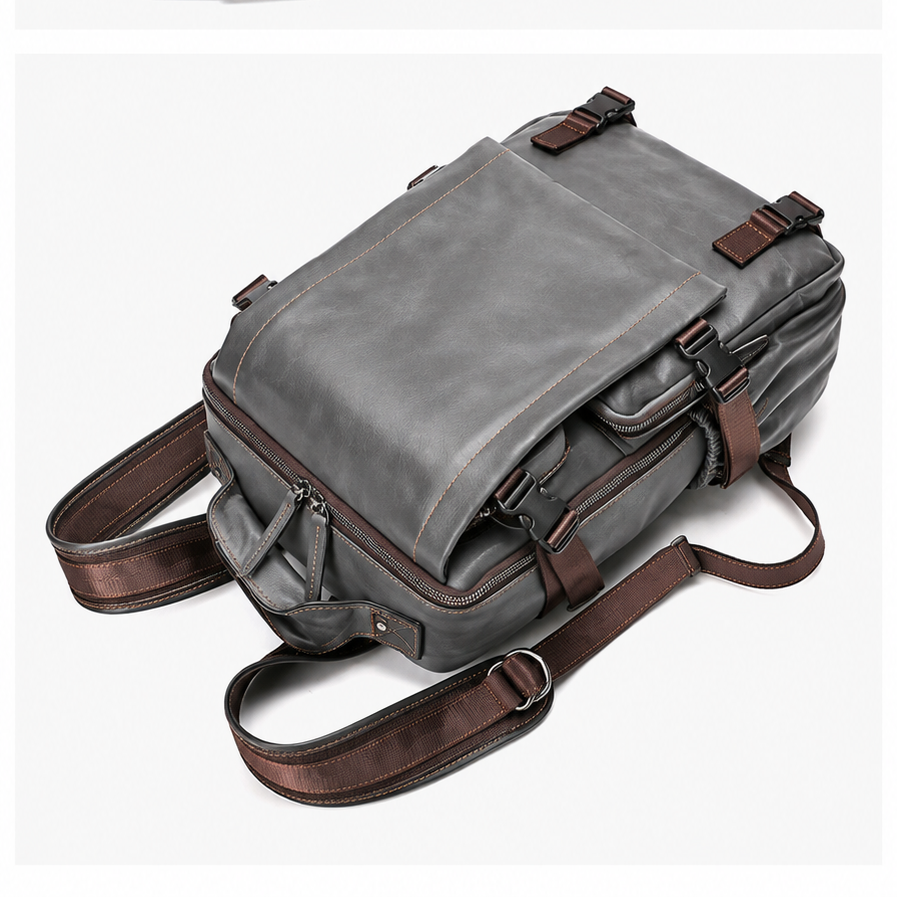 Sac à dos vintage gris aspect cuir – multi-poches