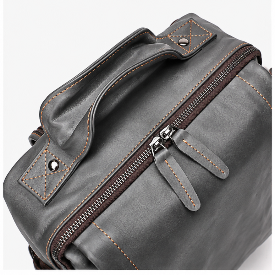 Sac à dos vintage gris aspect cuir – multi-poches