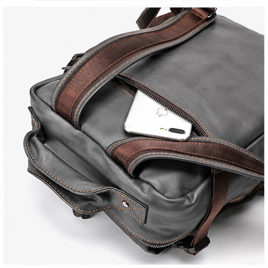 Sac à dos vintage gris aspect cuir – multi-poches